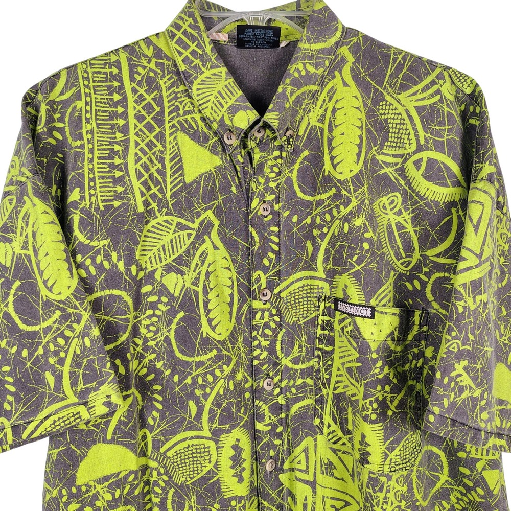 Instinct Mens L Short Sleeve Button Down Shirt Neon Green Tribal Batik Surfcore